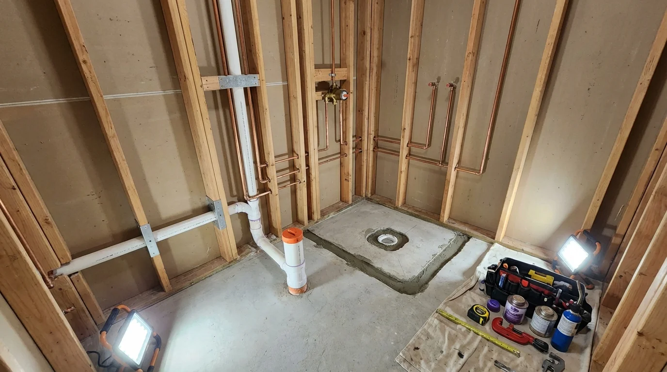 Bathroom rough-in plumbing during remodel by Johns Plumbing LLC in Chualar