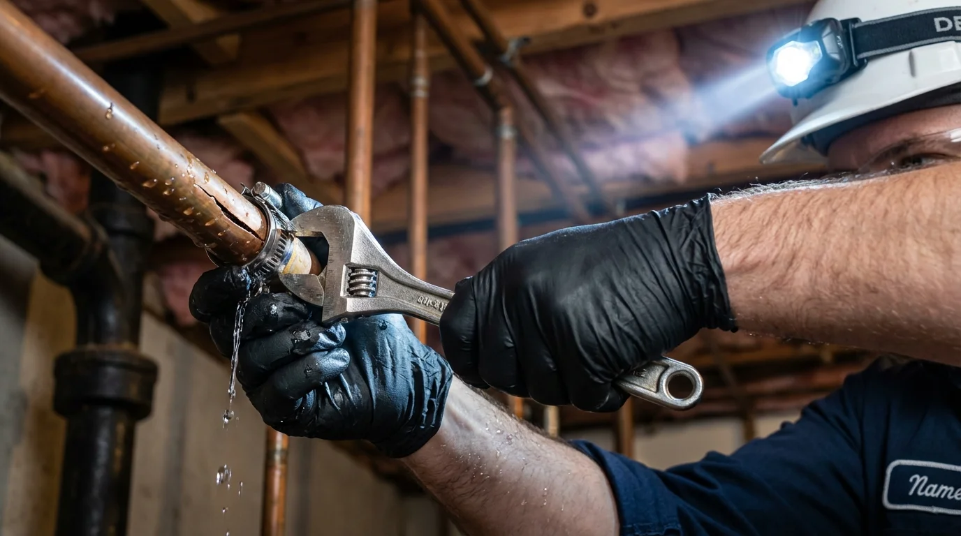 Emergency pipe clamp repair being performed by a Johns Plumbing LLC plumber in Chualar