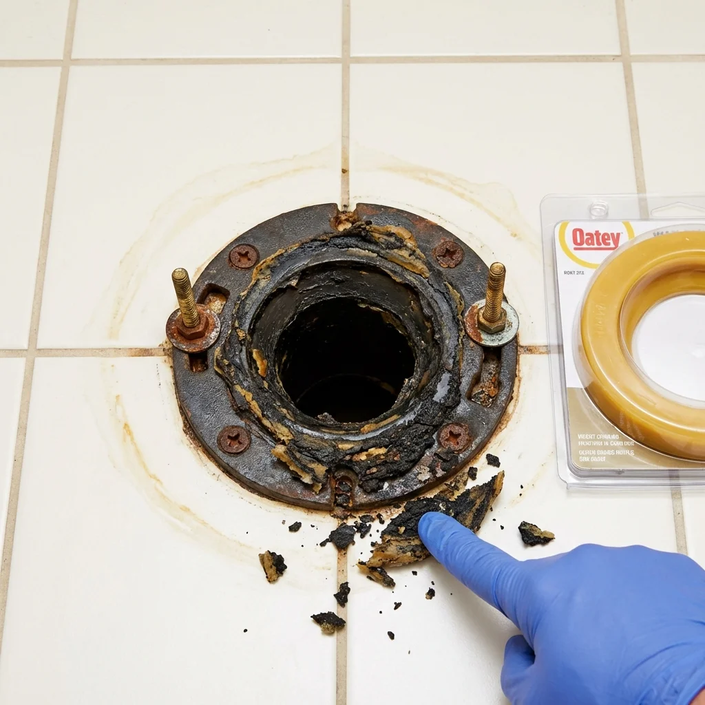 Failed wax ring showing water seepage at the base of a toilet in a Chualar, CA home