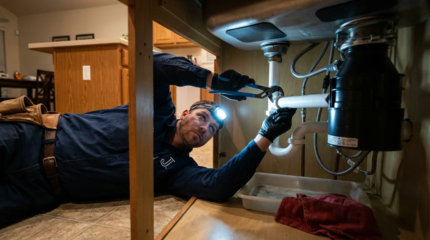 P-trap and supply line connections under a kitchen sink showing a common leak point in Chualar, CA